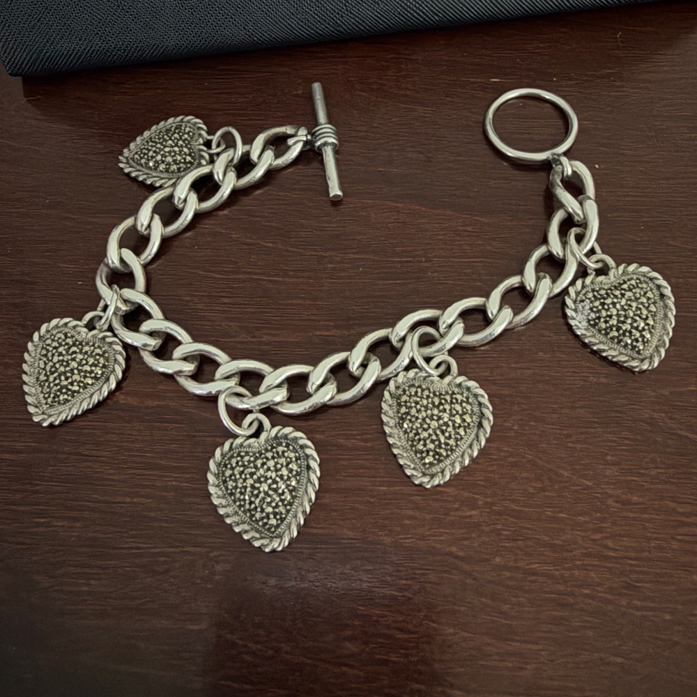 Sterling Silver and Marcasite Heart Charm Bracelet
